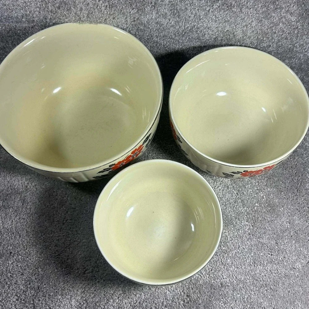 Hall China Mixing Bowls Ivory Red‎ Wild Poppy Floral Nesting Set of 3 Vintage